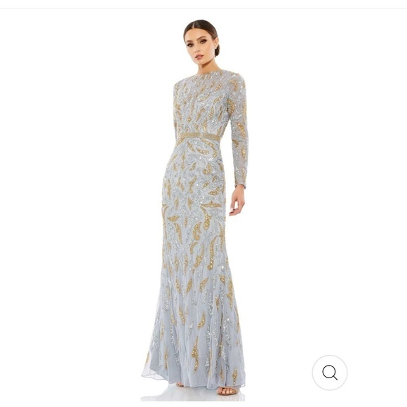 Mac Duggal BEADED LONG SLEEVE EVENING GOWN size 8 in platinum gold NEW $598 - Picture 1 of 12
